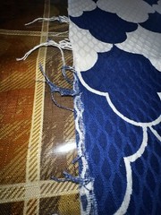 EUC 73”Lx44”W navy/white fish-scale/scallop pattern raised weave uphlstry fabric