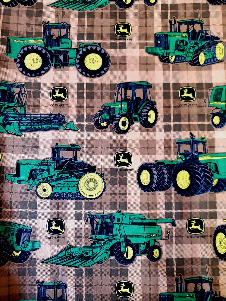 John Deere Traditional Tractors on Brown Plaid Cotton Fabric by the Yard