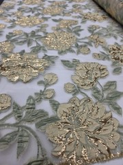 Sage Gold Floral Organza Brocade Fabric Sold By The Yard Textured For Dress Prom