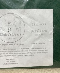 Claire’s Bears Wool Felt Blend, Merino Wool and Rayon, All Natural fibers, 9×12”