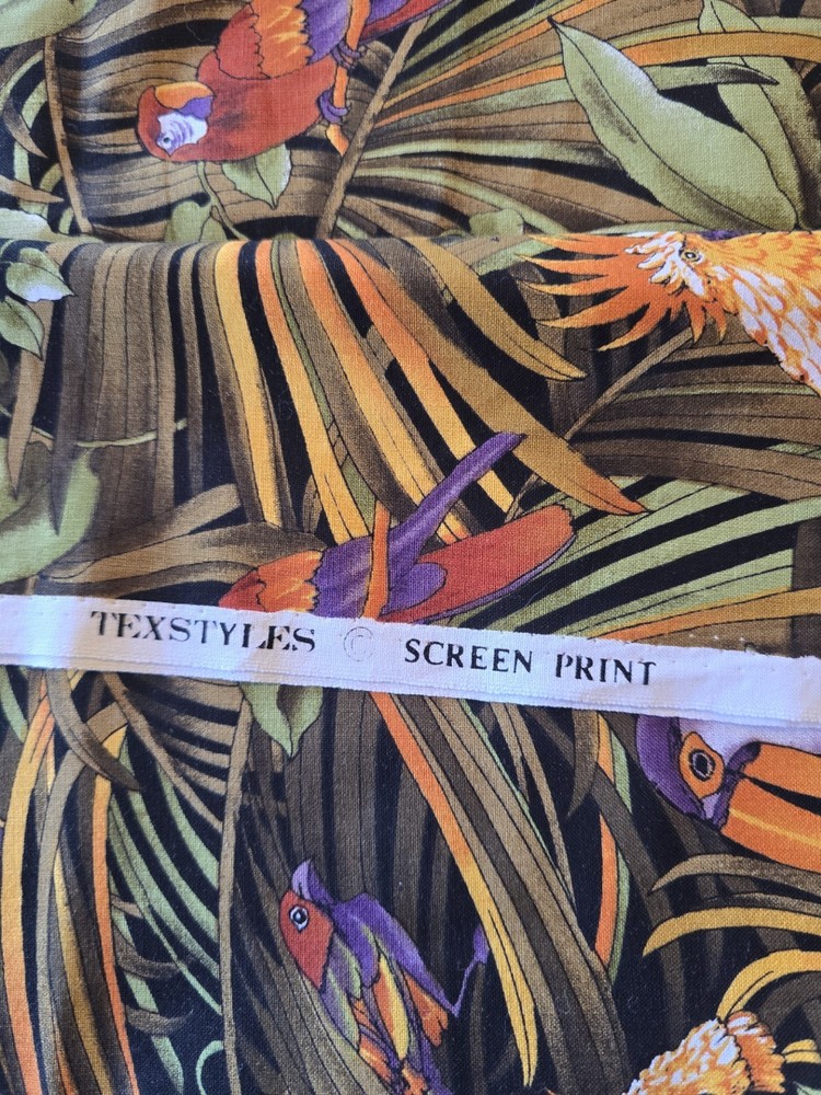 Vintage Fabric Textiles Screen Print Parrots 1 yard Cotton Crafts Sewing