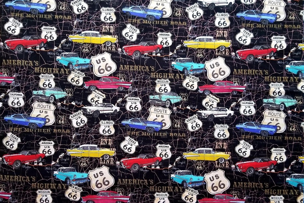 ROUTE US 66 MAP VINTAGE CARS *PRE-CUT* 43″X22″ NEW FABRIC (3 PRECUTS AVAILABLE)