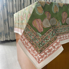 Peppermint Green Cotton Block Print Tablecloth for Holidays & Events 72×190