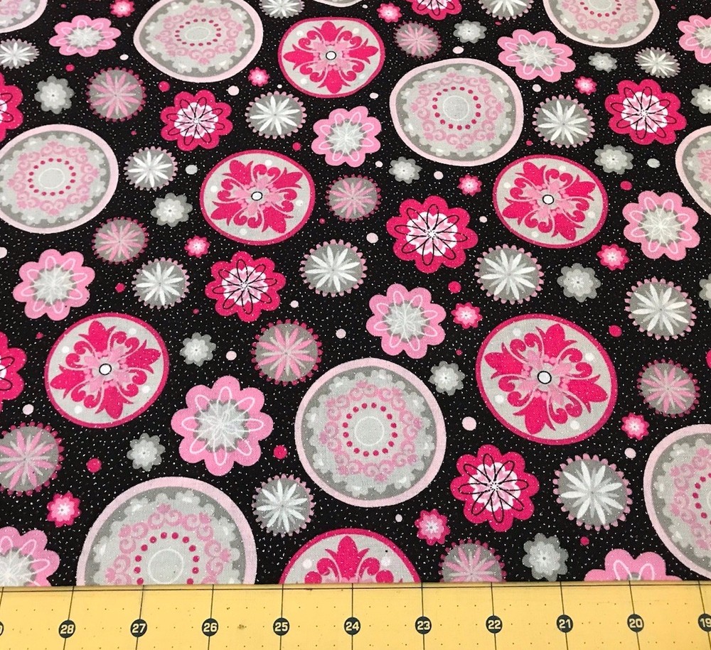 Flowers Pink on Black Glitter 26” X 43” 100% cotton fabric #2728a