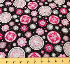 Flowers Pink on Black Glitter 26” X 43” 100% cotton fabric #2728a