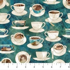 Cotton Coffee Cups and Saucers Teal Cotton Fabric Print by the Yard D570.22
