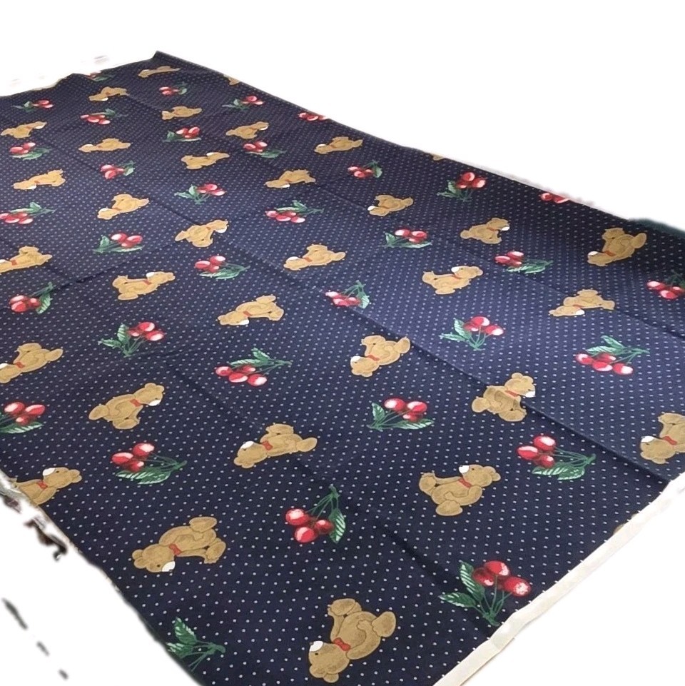 Vtg Cranston Print Works Teddy Bears Cherries Navy Polka Dot Fabric 58×73 2 Yds