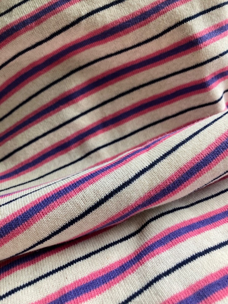 Pink Purple Navy Stripe yarn-dyed organic 100% cotton knit, – 9.00 per yd
