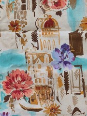 Bryant Industries Fabric 1.5 Yd Floral Architectural Print Cottage Garden Style