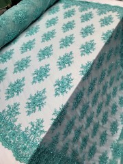 Aqua Beaded Lace Fabric by the Yard Floral Embroidery Scallops Bridal Prom