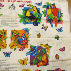 VTG COTTON FABRIC PANEL vip TROPICAL ISLAND APPLIQUES parrots fish QUILT CRAFT