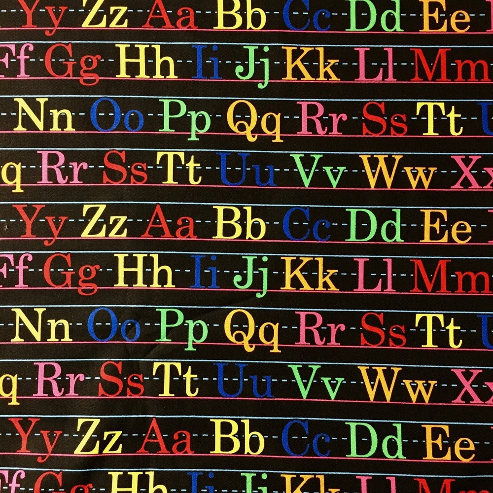 1/2 Metre Alphabet Multicolour on Black Novelty Cotton Sewing Fabric