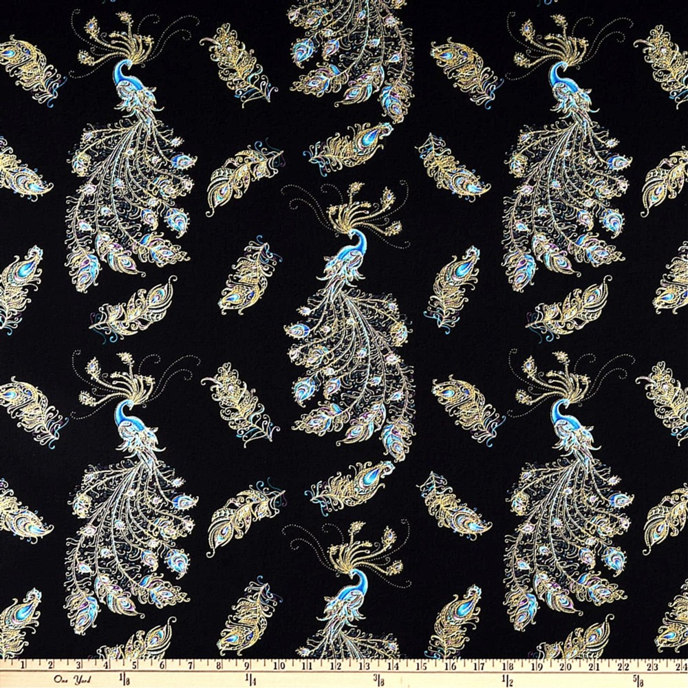 BERNARTEX FABRIC- PEACOCKS AND FEATHERS PRINT ON BLACK – 1 1/2 YDS