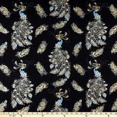 BERNARTEX FABRIC- PEACOCKS AND FEATHERS PRINT ON BLACK – 1 1/2 YDS