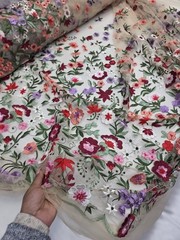 Fabric By The Yard Lace Embroidery Multicolor Pink Floral On Nude Mesh Lace