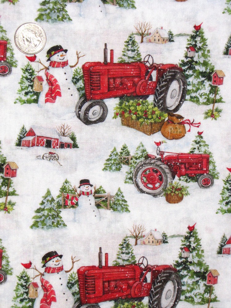 Christmas Fabric 23″ Length Susan Winget Farm Tractors Snowman Cotton CP74494