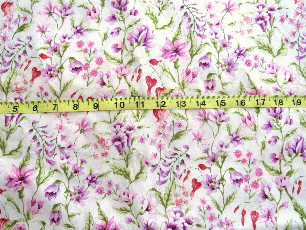 1 yd 100% Cotton Fabric White with Purple Pink & Red Flowers All Over