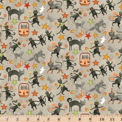Spooky Cats Gray Halloween Fabric C1757 By half yd cont cuts