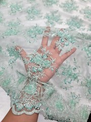 Mint Beaded Design Beaded Mesh Lace Fabric Bridal Wedding Sold By Yard Floral