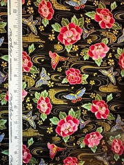 Colorful Butterflies Flowers and Gold Metallic Accent on Black Fabric BTFQ OOP