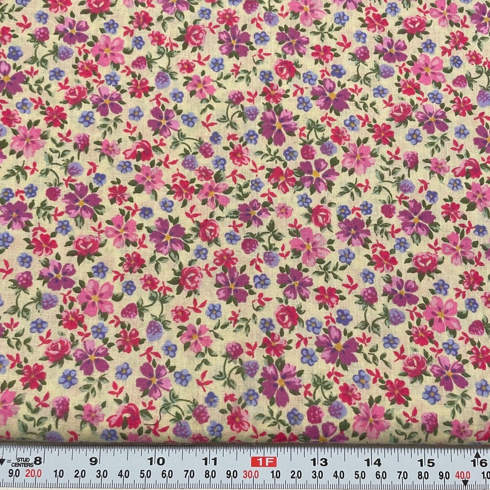 Pink & Purple Florals on Cream Unbranded Cotton Blend Fabric by the HALF YARD
