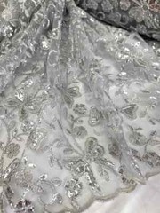 “Silver Sequin and Butterfly Embroidered Lace Fabric – Sold by the Yard