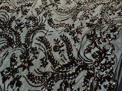 Erin BLACK Flowers and Leaves Sequins on Mesh Lace Fabric by the Yard – 10063