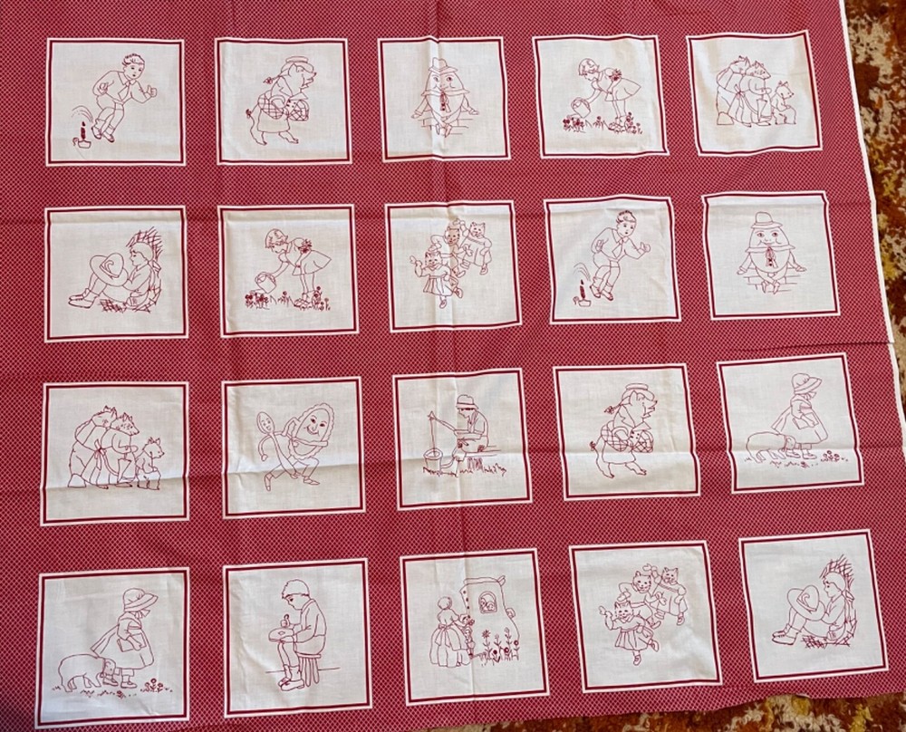 Marcus Brothers Mother Goose redwork cotton panel-35×45”-20, 7” blocks-Vtg look