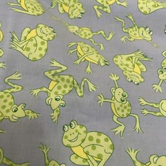 Frogs Cotton Fabric Light Blue Green Yellow Hopping Spring 2 7/8 yards x 44in