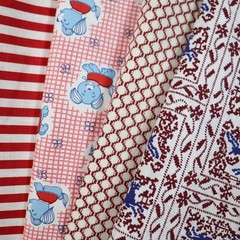 Vtg Fabric LOT Red Scraps Remnants Floral 1970s 60s Prints Novelty Dogs Cotton
