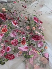 Pink Floral Lace Red Flowers Embroidery On Nude Mesh Fabric Sold By The Yard