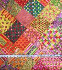 1 yd Polyester Nylon(?) Fabric Multi-Colored & Designs, Slightly Stiff Feel