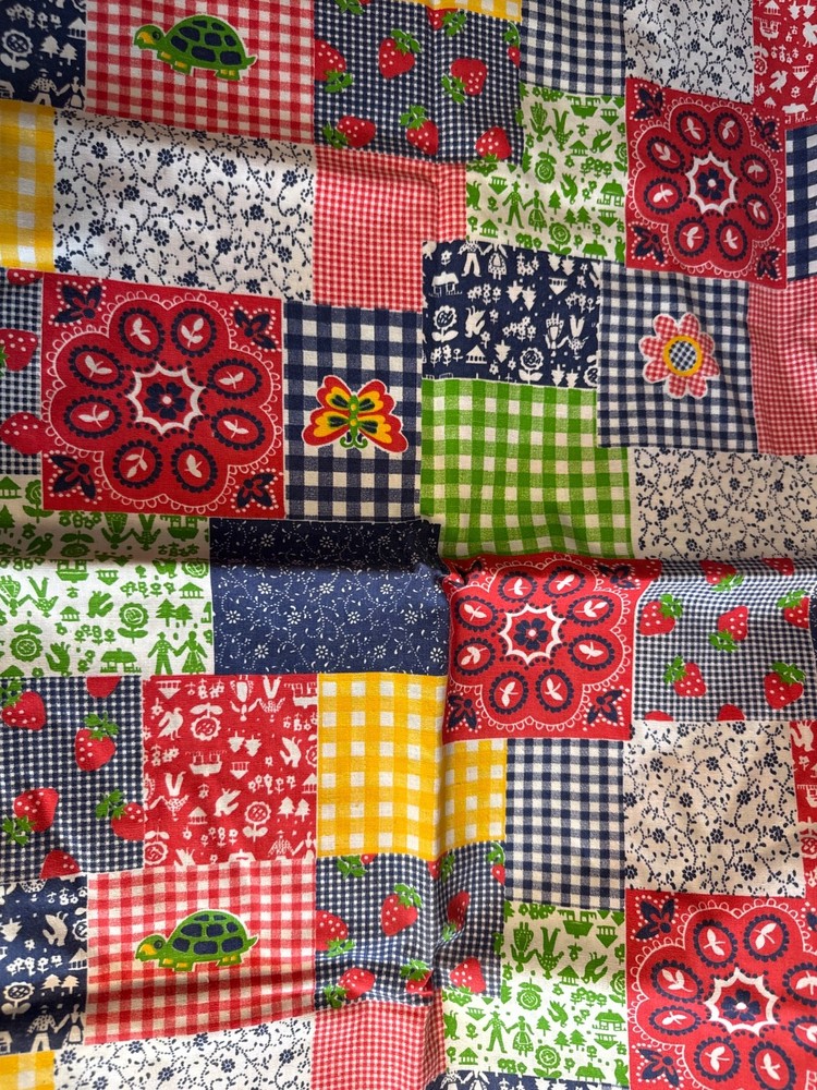 Vintage Fabric Faux Patchwork Cheater Cloth Multi Colored Approximately 44”x56”