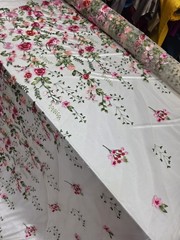 Pink Floral Lace Red Flowers Embroidery On Nude Mesh Fabric Sold By The Yard