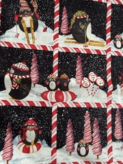 4.5 Yards Christmas Peppermint Vintage Fabric Red white Penguins Cotton Sparkle