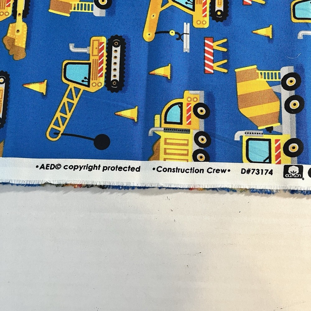 Construction Crew Vehicles colors Blue Yellow Black 100% Cotton Fabric