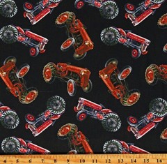 Cotton Tossed Farm Tractors on Black Farming Fabric Print by the Yard D364.58