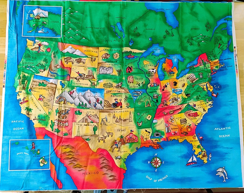 2 Vintage Fabric Panels USA Map Fabric Traditions 2001 Quilt Wall Hanging 35×44