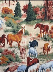 Equestrian Fabric Panel Scrap 80L X 45W Country Meadow River Wild Horses & Foal