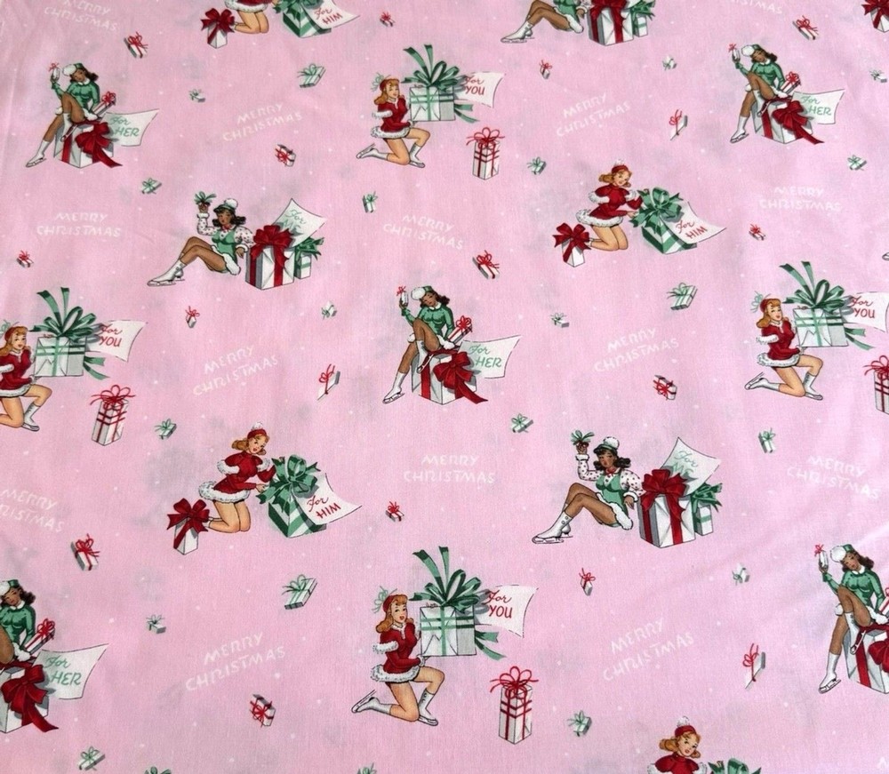ALEXANDER HENRY Fabric FOR YOU Christmas Pin-up girls Santa Baby Pink 2019 BTY