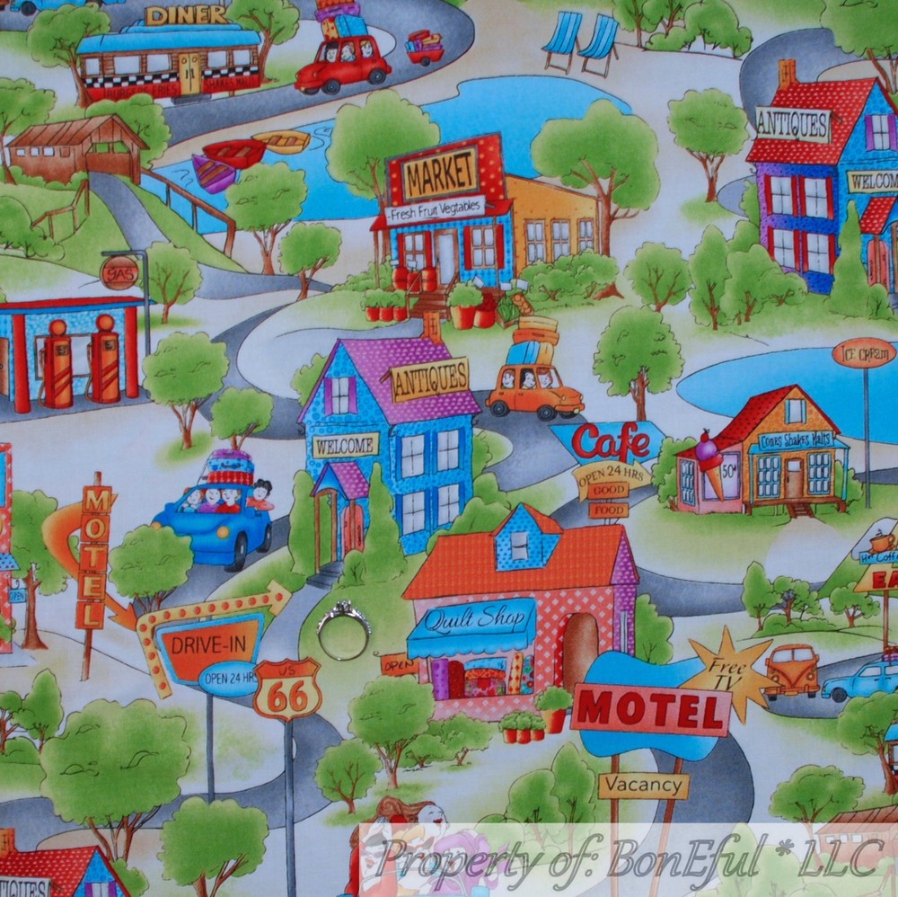 BonEful Fabric FQ Cotton Quilt Route 66 Scenic City Town House Map Boy Girl SALE