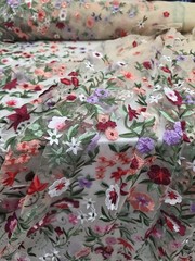 Fabric By The Yard Lace Embroidery Multicolor Pink Floral On Nude Mesh Lace