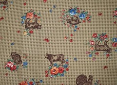 VTG Joan Kessler Cotton Fabric Concord Farm & Floral Chicken Cow Sheep Tan Dots
