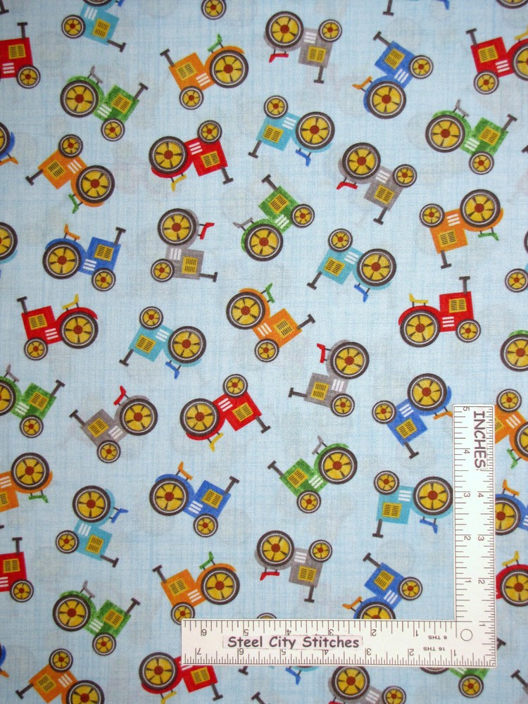 Farm Tractors Multicolor Toss Blue Oink Cotton Fabric Blank Textiles By The Yard