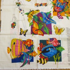 VTG COTTON FABRIC PANEL vip TROPICAL ISLAND APPLIQUES parrots fish QUILT CRAFT