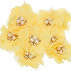 10Pcs 2.36 Inch Rhinestone Chiffon Flower Fabric Appliques Yellow