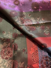 Asian Purple Blue Green Flowers on Red Jacquard Satin Fabric 19″ x 47″ Width