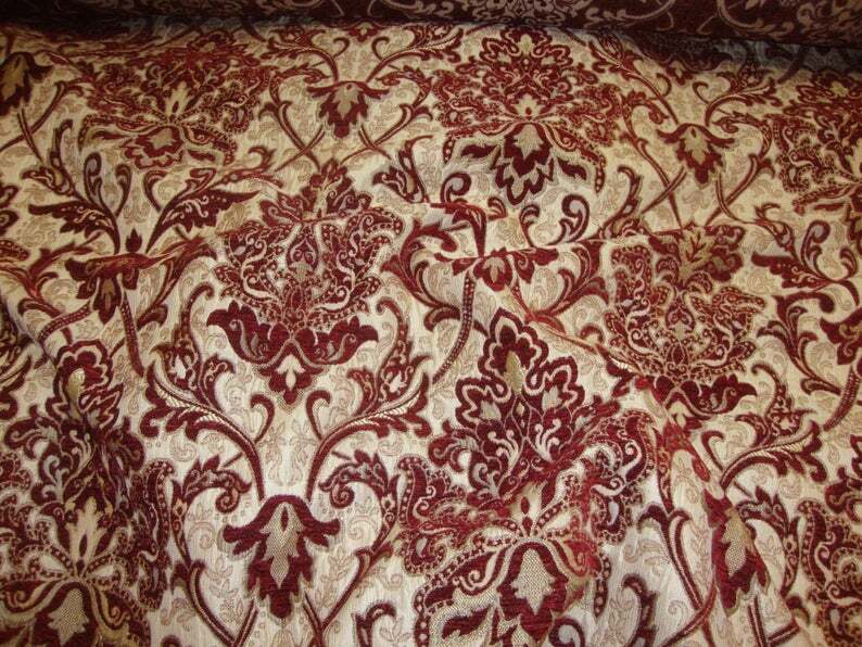 CRIMSON Saxxon Damask Chenille Damask 54″ Wide upholstery furniture Fabric