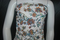 Linen Rayon Spandex Knit Jersey fabric Printed oatmeal Teal/Mauve/Orange floral