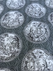 Toile Medallion Fabric 45×39 Black Gray Green French Country Lightweight Cotton